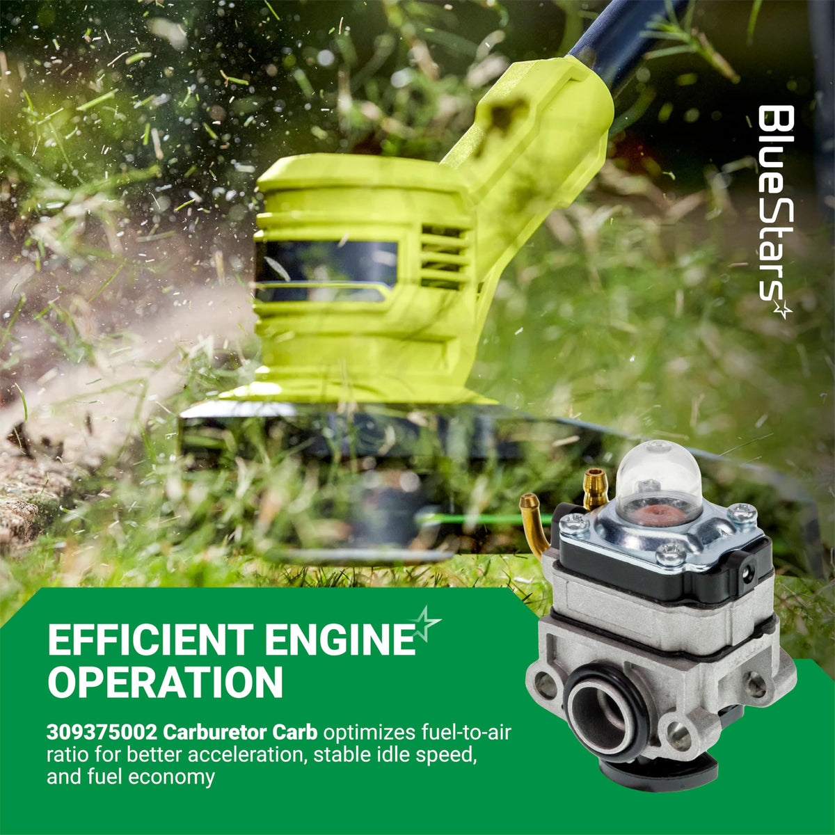 309375002 carburetor for Ryobi and Homelite 30cc 4-cycle string trimmers shown with engine operation graphic.