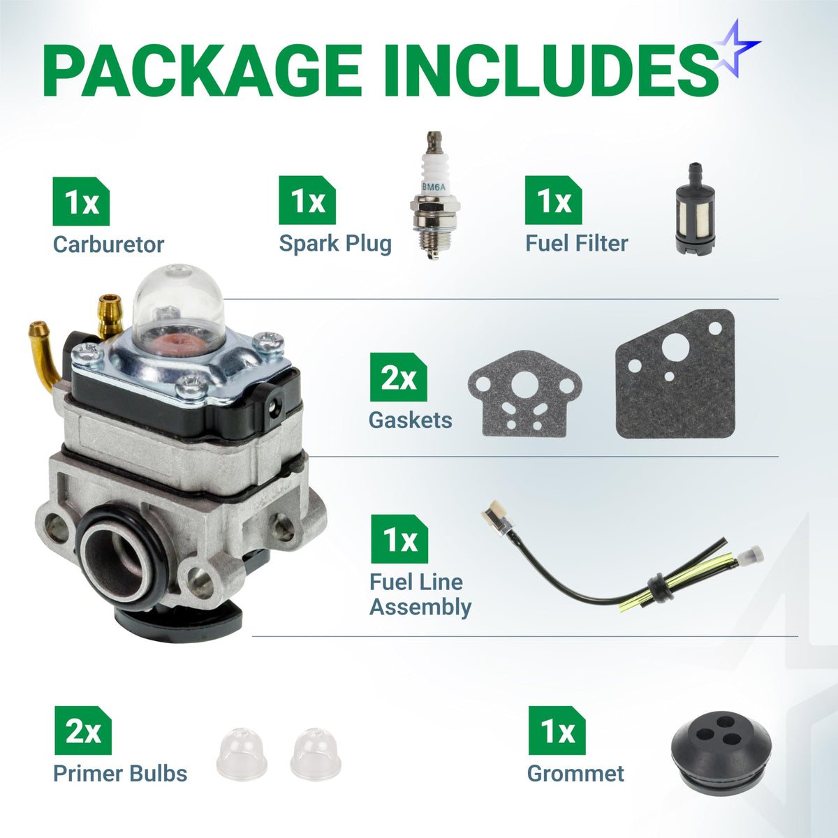 309375002 carburetor kit components including carburetor, spark plug, fuel filter, gaskets, fuel lines, bulbs, and grommet.