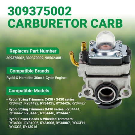 309375002 carburetor for Ryobi and Homelite 30cc 4-cycle string trimmer engines.