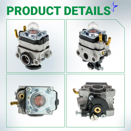 Four-angle product detail view of 309375002 carburetor for Ryobi and Homelite 30cc 4-cycle string trimmers.