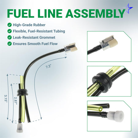 Fuel line assembly with fuel filter and grommet for Ryobi and Homelite 30cc 4-cycle string trimmer engines.