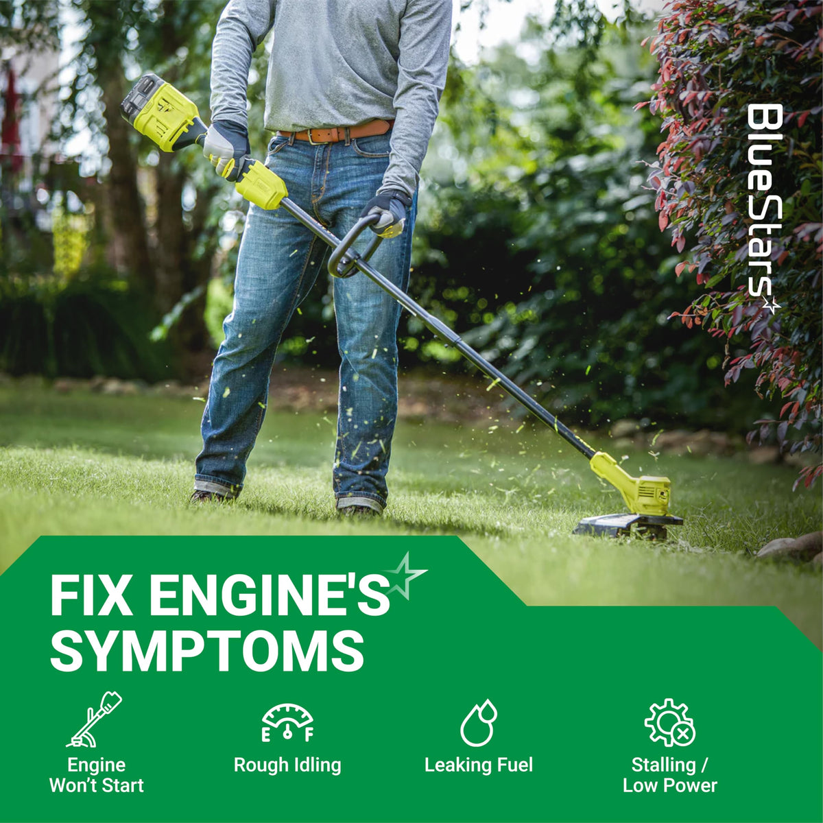 Person using a Ryobi string trimmer to illustrate engine symptoms fixed by the 309375002 carburetor kit.