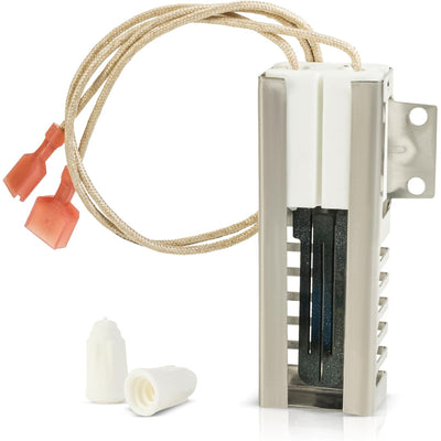 Replacement gas range oven igniter for Bosch and Thermador ovens with wire leads and two wire nuts.