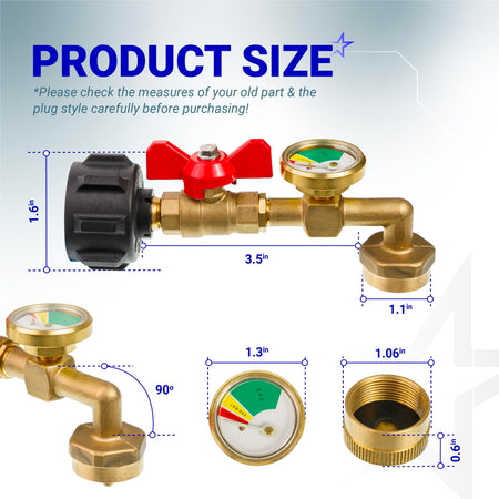 Dimensional diagram of solid brass propane refill adapter with gauge, showing measurements for 1 lb tank compatibility.