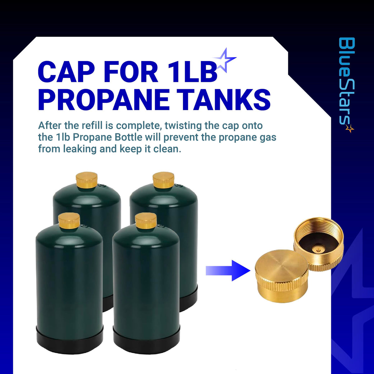 Solid brass protective caps for 1 lb propane tanks shown with green refillable cylinders.