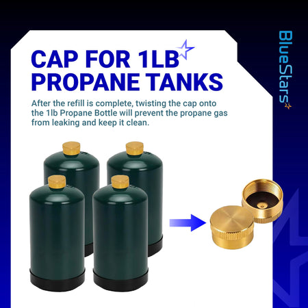 Solid brass protective caps for 1 lb propane tanks shown with green refillable cylinders.