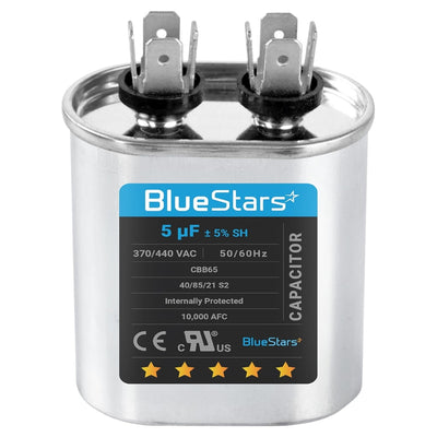 5 uF 370/440 VAC oval run start capacitor with dual terminals for AC motor and fan applications.