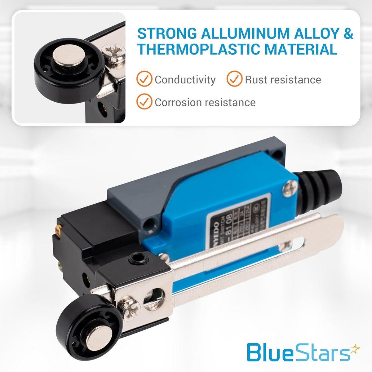 ME-8108 momentary roller lever arm limit switch with aluminum alloy and thermoplastic construction.