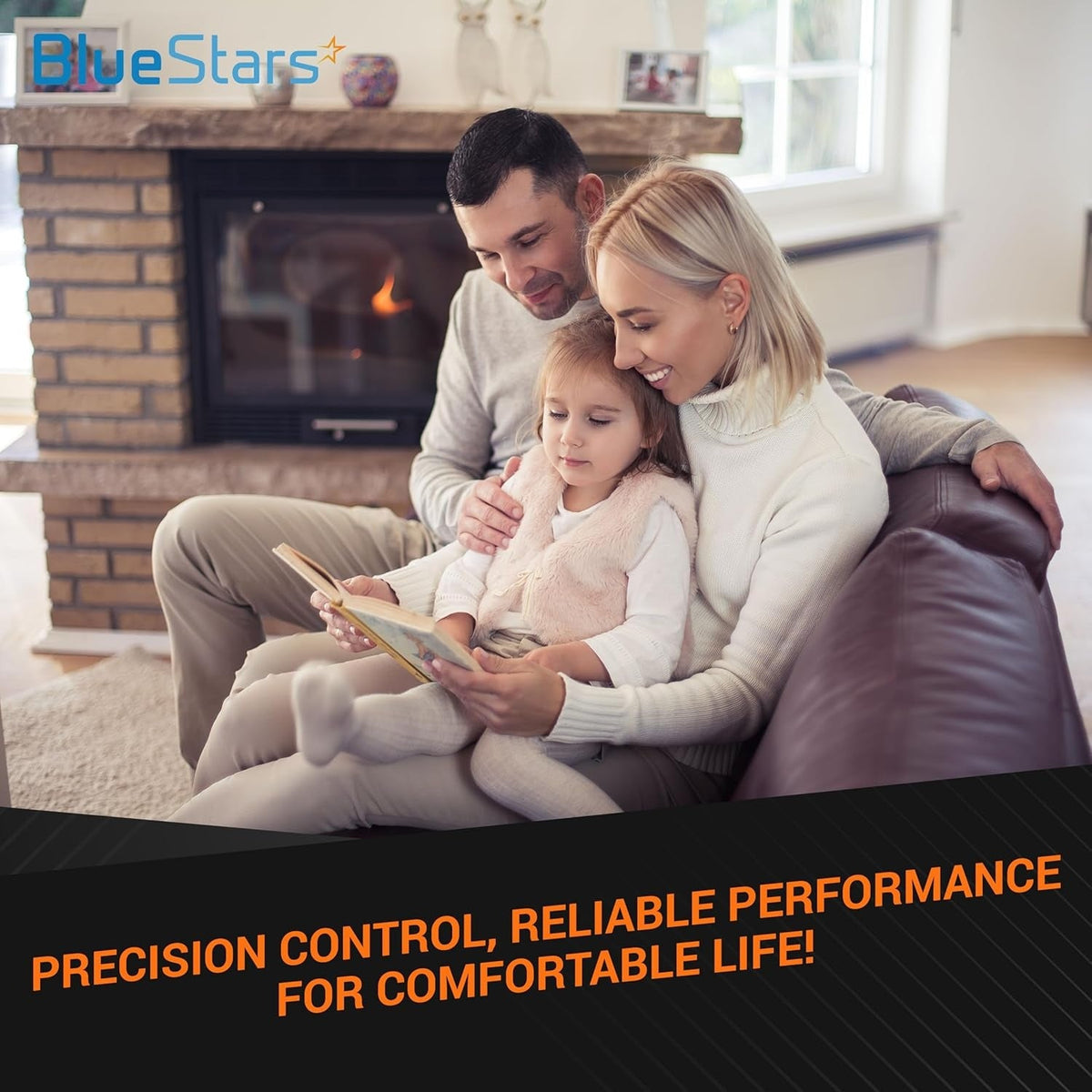 Family reading together in a cozy living room with text overlay promoting reliable performance for a comfortable life.