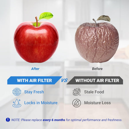 Comparison graphic showing fresh versus stale apple to demonstrate W10311524 refrigerator air filter effectiveness.