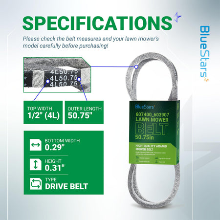 Specification chart for 607400 pump drive belt showing dimensions and compatibility for Hustler Raptor SD mowers.
