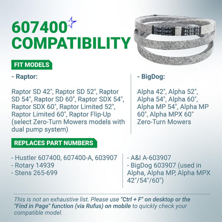 607400 pump drive belt compatibility chart for Hustler Raptor and BigDog zero-turn mowers.