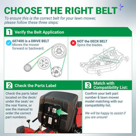 Infographic guide for identifying the correct 607400 pump drive belt for Hustler lawn mowers.