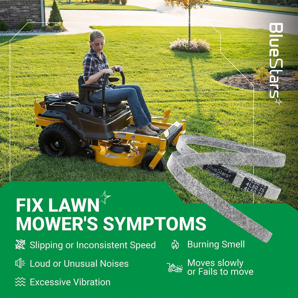 607400 pump drive belt for Hustler Raptor SD mower shown with symptoms of a worn belt on a green background.