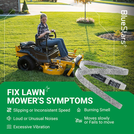 607400 pump drive belt for Hustler Raptor SD mower shown with symptoms of a worn belt on a green background.