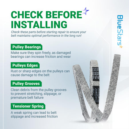 Installation guide for 607400 pump drive belt showing pulley and tensioner maintenance tips.