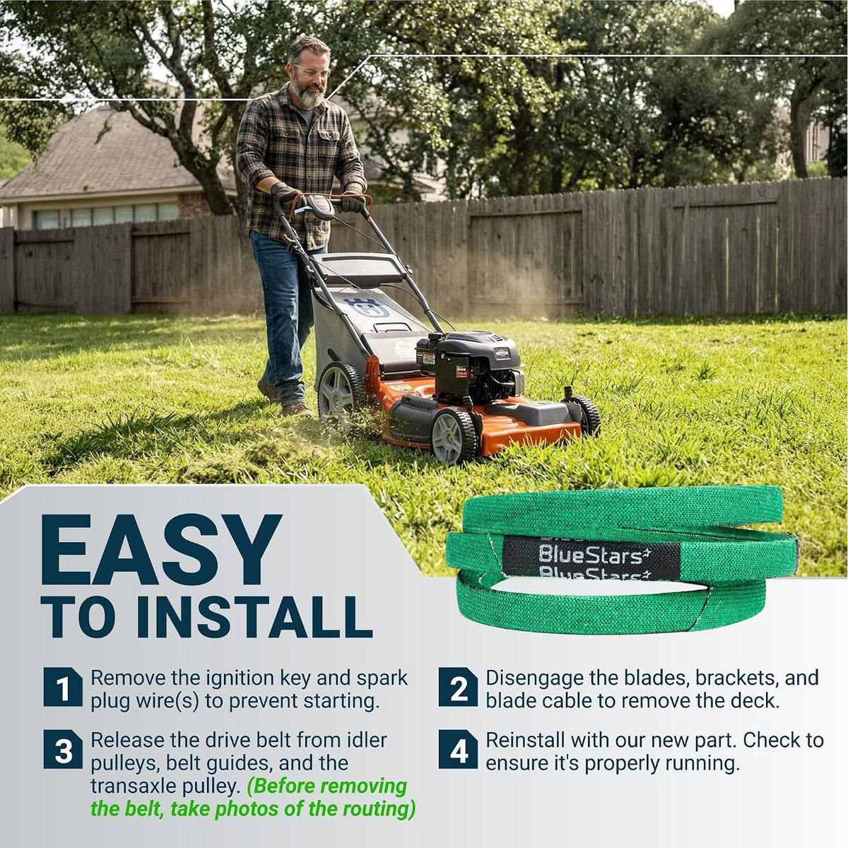 532196853 Drive Belt - installation guide graphic showing a walk-behind mower and green replacement belt