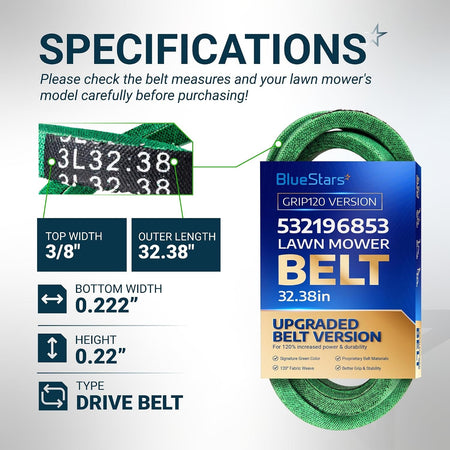 532196853 Drive Belt, specs graphic showing 3/8in top width, 32.38in outer length, 0.222in bottom width and 0.22in height.