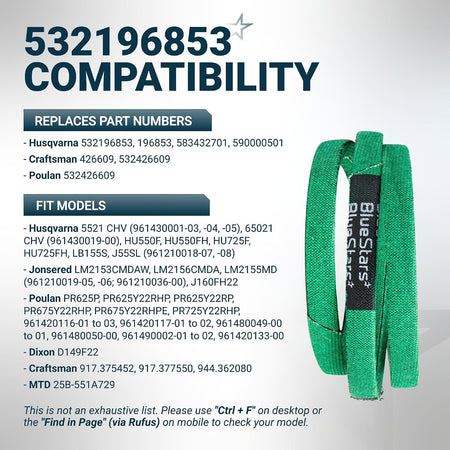 532196853 Drive Belt compatibility chart with replacement part numbers and fit models, plus green belt