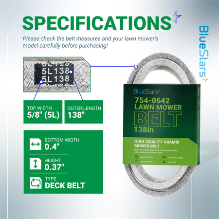 Specification chart for 754-0642 lawn mower deck belt showing dimensions and product details.