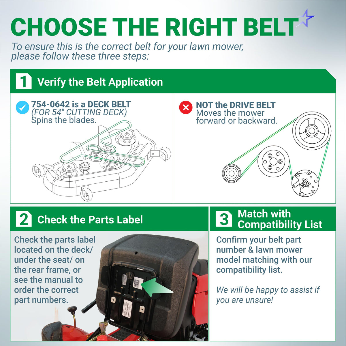 Instructional guide for identifying the 754-0642 54-inch deck belt for Cub Cadet and MTD lawn mowers.