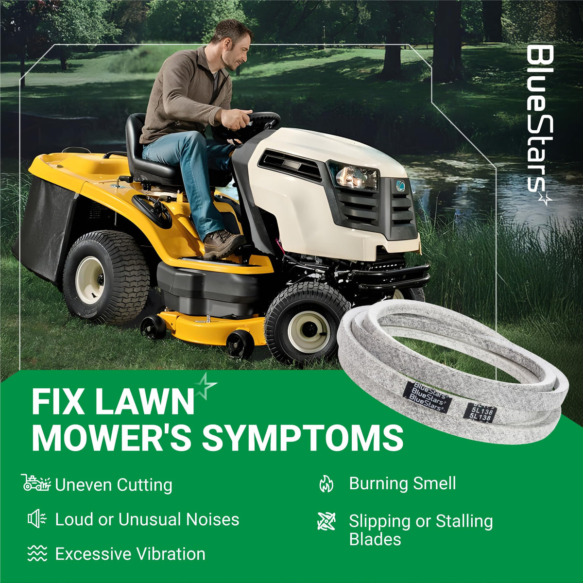 754-0642 replacement deck belt for 54-inch lawn mower decks shown with a riding mower and symptom troubleshooting guide.