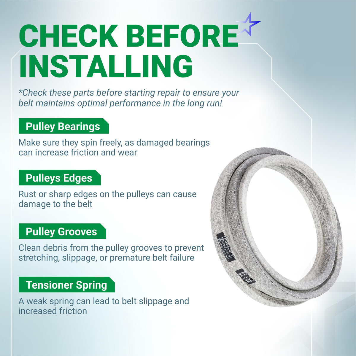 Informational graphic for 754-0642 lawn mower deck belt installation tips and maintenance checklist.