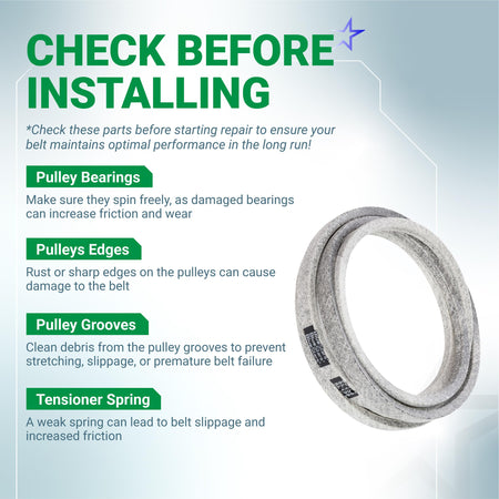 Informational graphic for 754-0642 lawn mower deck belt installation tips and maintenance checklist.