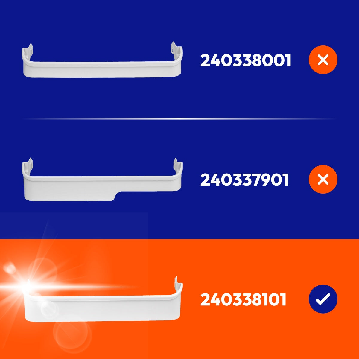 240338101 Refrigerator Bottom Door Shelf Retainer Bin shown as the selected correct shape, compared with 240338001 and 240337