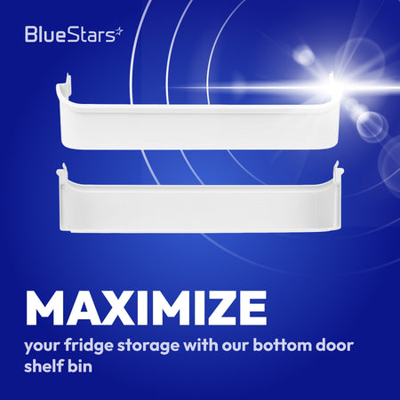 240338101 Refrigerator Bottom Door Shelf Retainer Bin, graphic showing two white bins and “Maximize” storage text