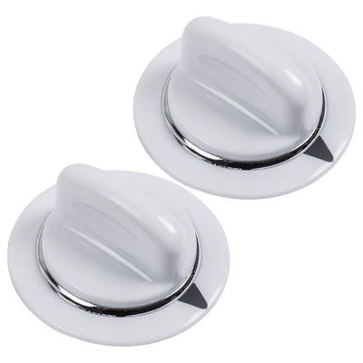 Two white WE01X20374 dryer timer knobs with chrome trim for GE and Hotpoint dryers.