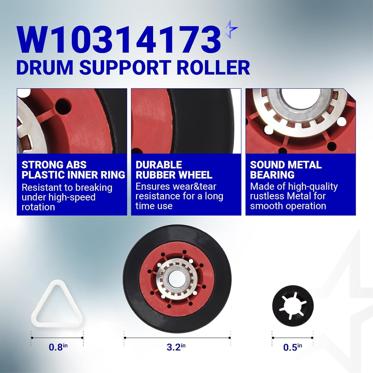 W10314173 dryer drum support roller with metal bearing, rubber wheel, and dimensions shown in an infographic.