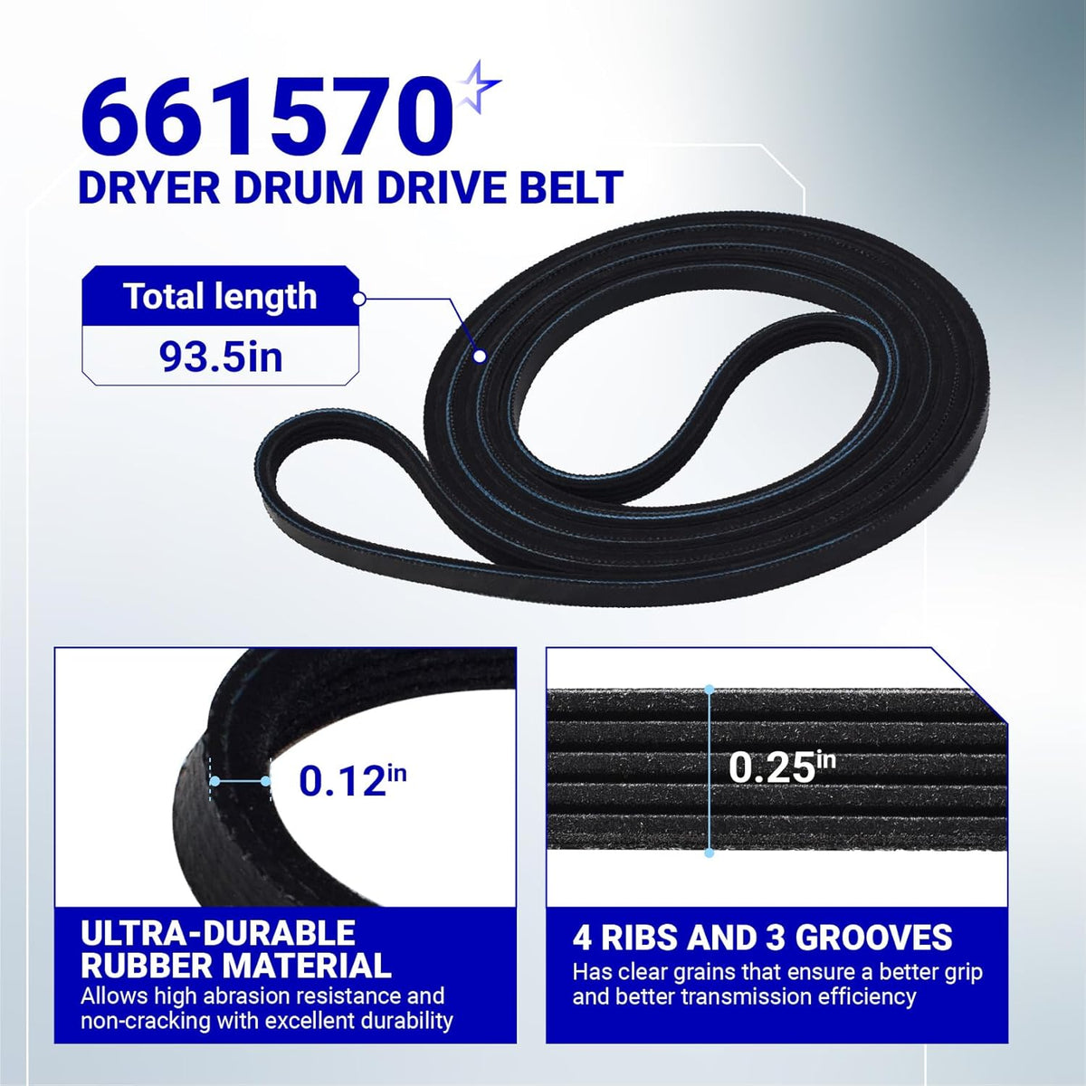 661570 dryer drum drive belt with 93.5-inch length, 4 ribs, and 3 grooves showing dimensions and rubber material details.