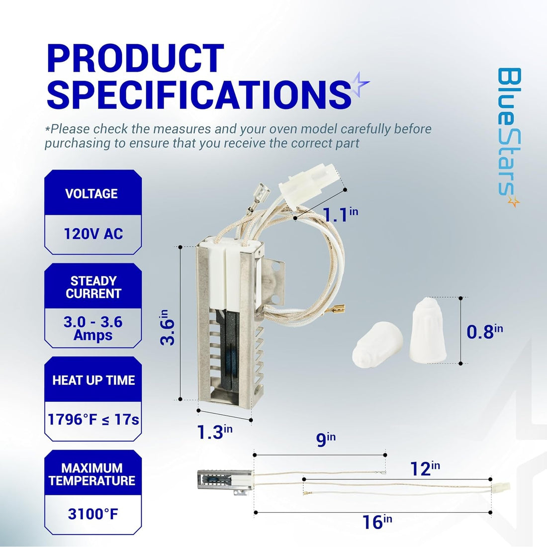 5304509706 gas oven igniter specification chart showing dimensions, voltage, and electrical ratings.