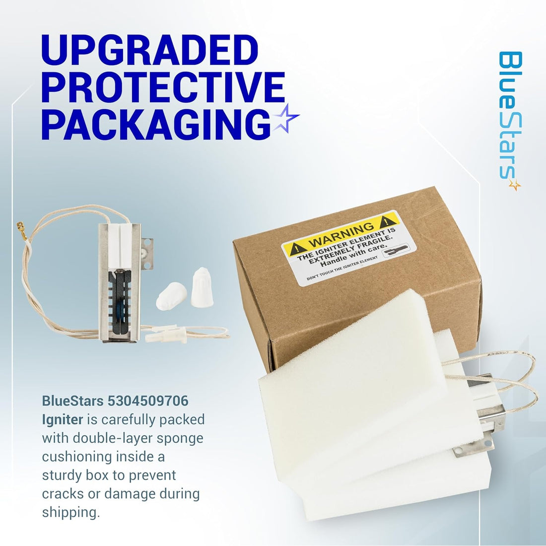 5304509706 gas oven igniter shown with protective sponge cushioning and shipping box for safe delivery.