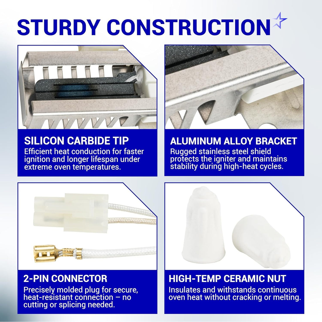 Infographic showing construction details of 5304509706 gas oven igniter including silicon carbide tip and 2-pin connector.