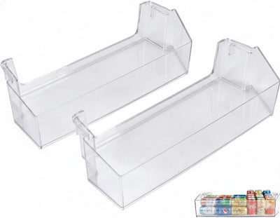 Set of two clear replacement refrigerator door shelf bins for Whirlpool refrigerators.