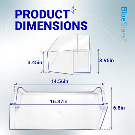 Dimensional diagram showing measurements for W10900538 W11239961 refrigerator door shelf bin.