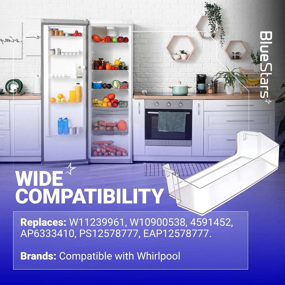 Clear plastic replacement refrigerator door shelf bin compatible with Whirlpool refrigerators.