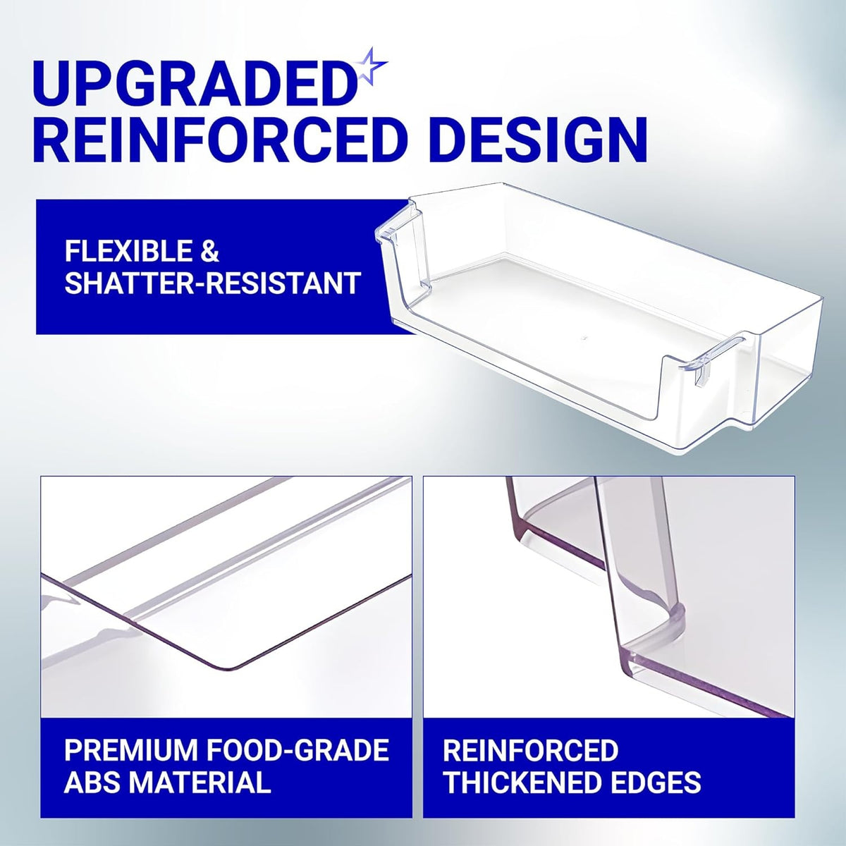 Infographic showing reinforced design and durable material of W10900538 refrigerator door shelf bin.