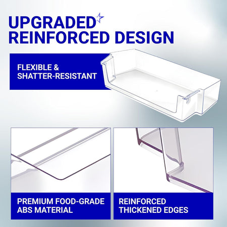 Infographic showing reinforced design and durable material of W10900538 refrigerator door shelf bin.