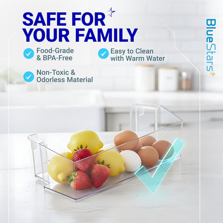 BPA-free refrigerator door shelf bin filled with fresh fruit and eggs, highlighting food-grade material safety.