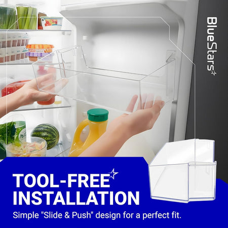 Hands installing a clear W10900538 W11239961 refrigerator door shelf bin into a Whirlpool fridge.