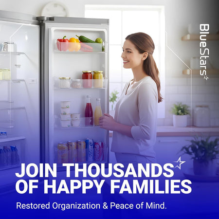 Woman smiling at a Whirlpool refrigerator with installed W10900538 W11239961 replacement door shelf bins.