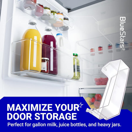 W10900538 W11239961 refrigerator door shelf bin installed in a Whirlpool fridge holding bottles and jars.
