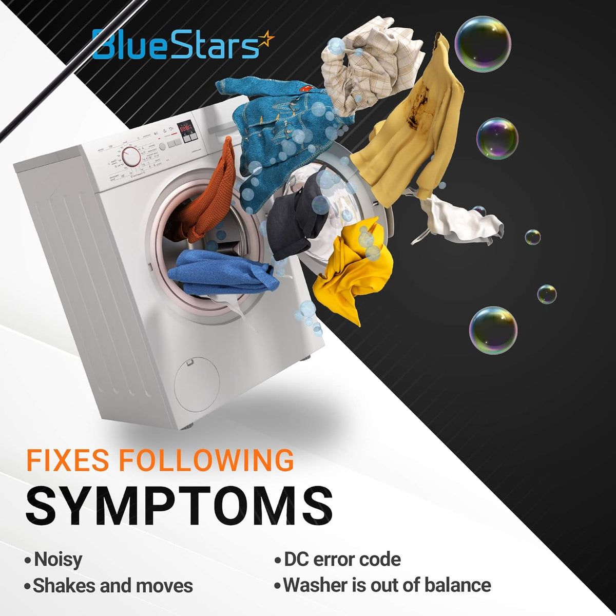 Graphic showing W10780045 washer suspension rod kit fixes for noisy, shaking, or out of balance Whirlpool washers.