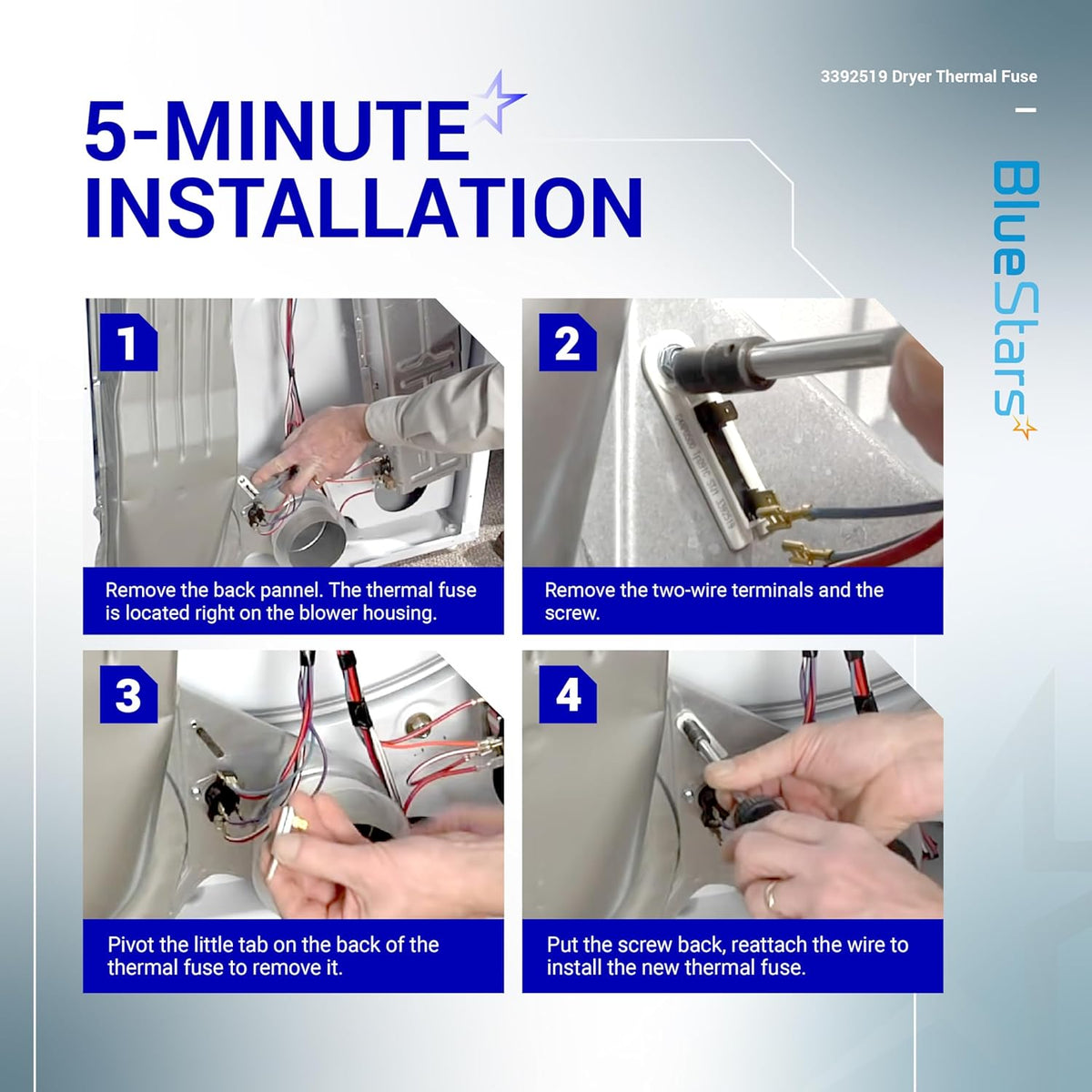Four-step installation guide for replacing a 3392519 dryer thermal fuse on a Whirlpool or Kenmore dryer.