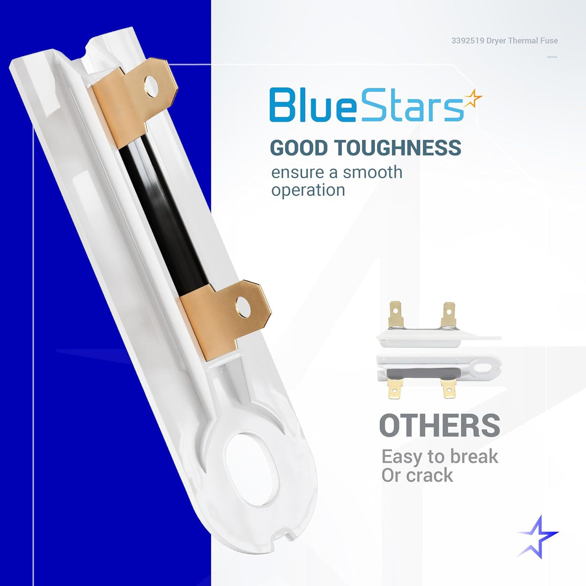 Comparison graphic showing BlueStars 3392519 dryer thermal fuse durability versus standard replacement parts.
