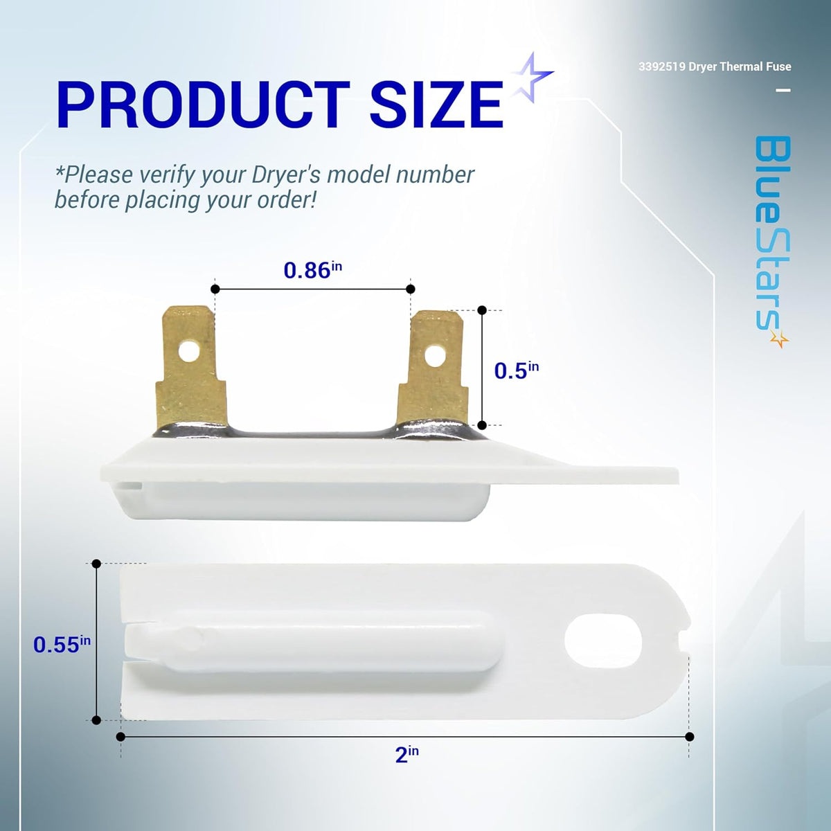 Dimensional diagram showing the size and measurements of the 3392519 dryer thermal fuse for Whirlpool and Kenmore dryers.