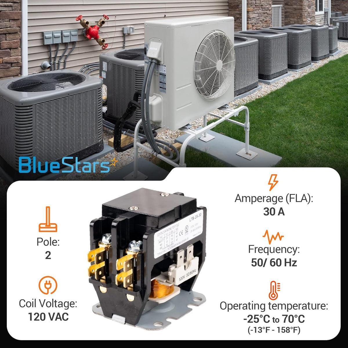 2 pole 30 amp contactor with 120VAC coil for HVAC systems shown with technical specifications.